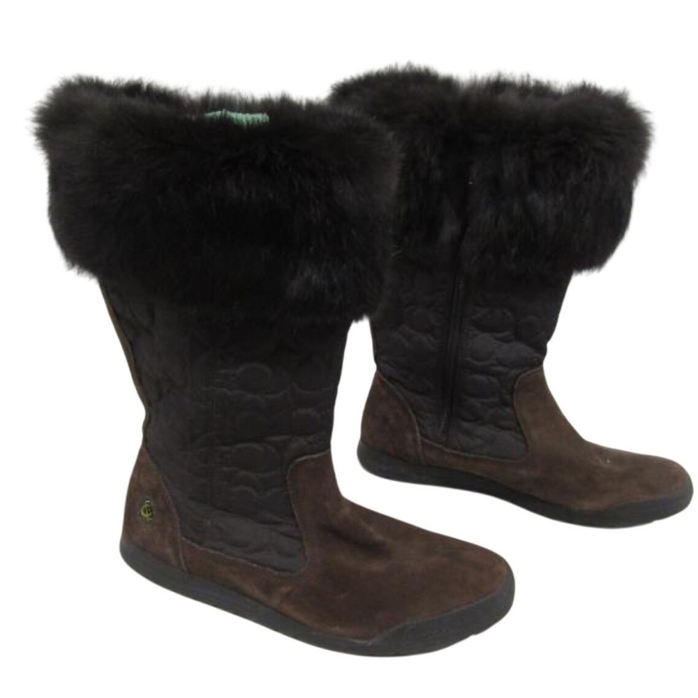 Coach‎ Talen Quilted Suede Fur Trim Side Zip Boots Women's Size 9.5M Brown Black
